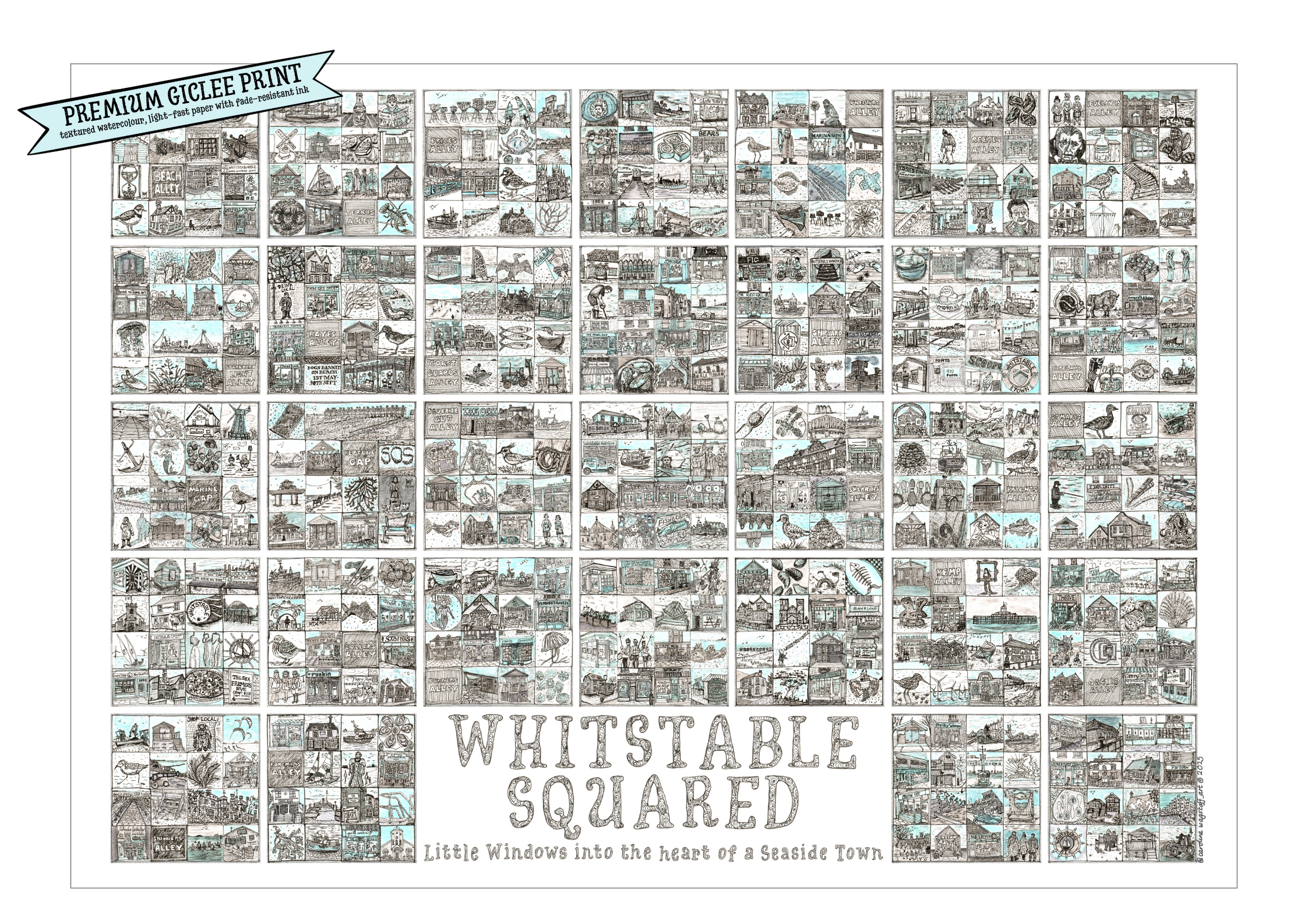 A2 landscape fine art print entitled 'Whitstable Squared' with black and white illustrations in squares and a 'Premium Giclee' flash on top left corner.